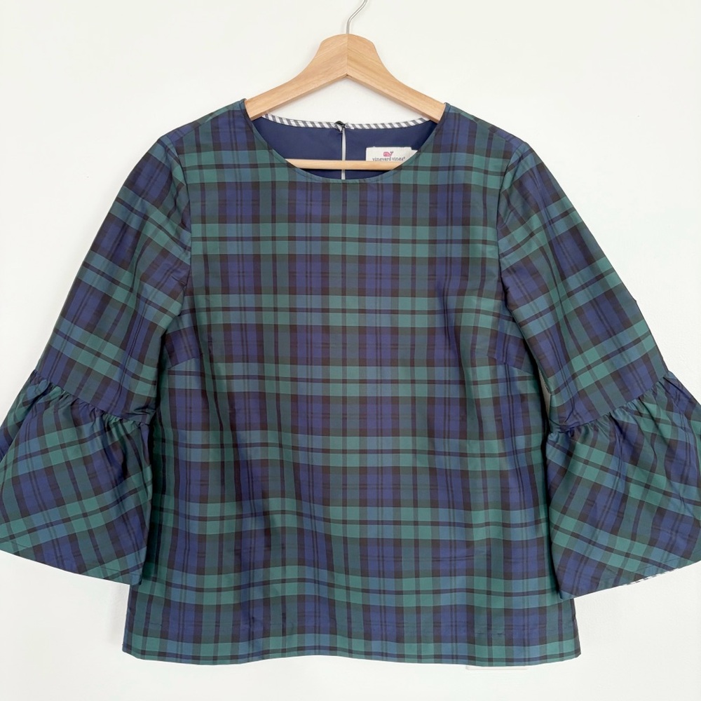 Vineyard Vines || Blackwatch Plaid Silk Blend Holiday Top Blouse Blue Green 4